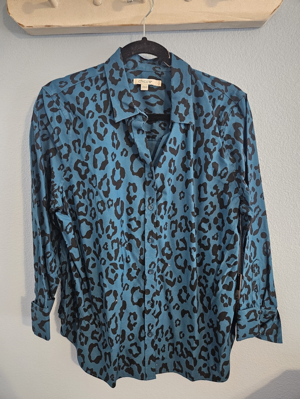 Chico's Teal Blue Leopard Print Button-Down Shirt